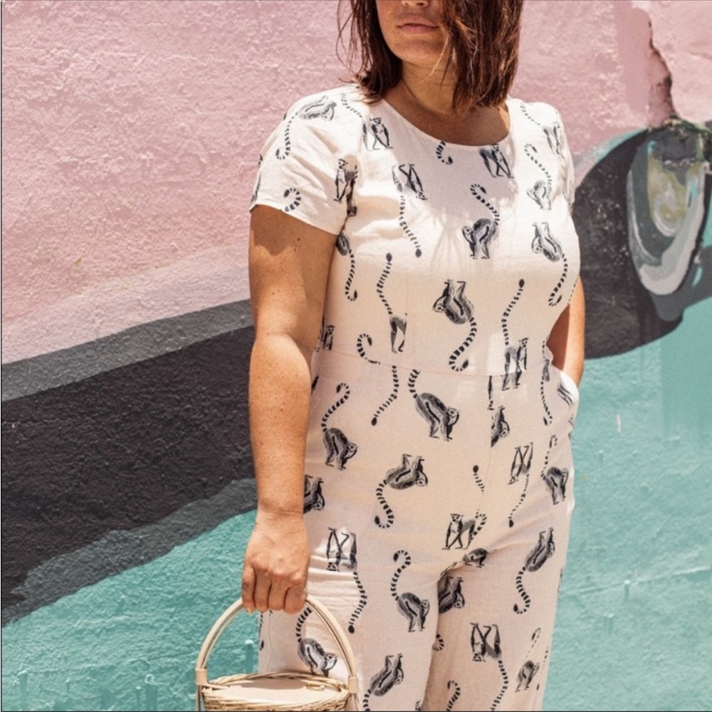 Modcloth 2X Pink Lemur Print Linen Blend Short Sleeve Wide Leg Jumpsuit